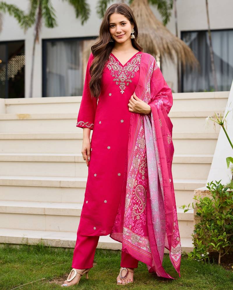 Pink color roman silk fabric designer embroidered readymade kurta set with dupatta