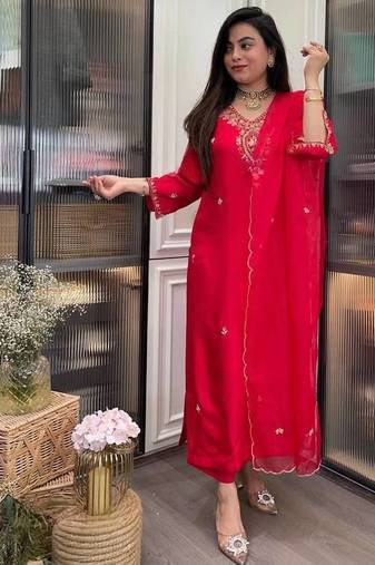 Beautiful Embroidery Rayon Fabric Straight Kurta Pant with Dupatta Set