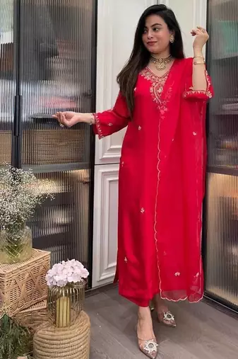 Beautiful Embroidery Rayon Fabric Straight Kurta Pant with Dupatta Set