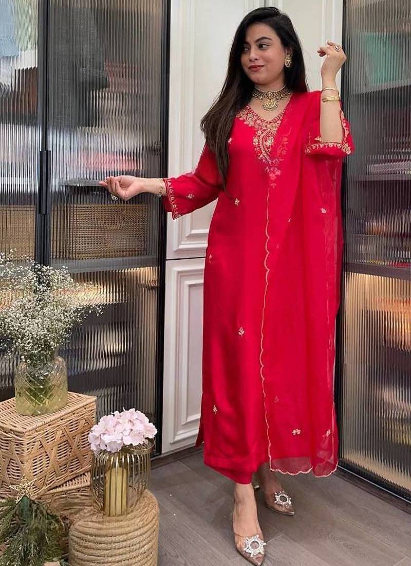 Beautiful Embroidery Rayon Fabric Straight Kurta Pant with Dupatta Set