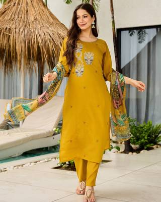 Mustard color roman silk embroidered readymade kurta set with dupatta 1