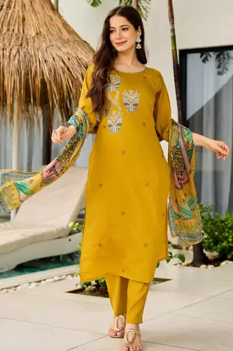 Mustard color roman silk fabric designer embroidered readymade kurta set with dupatta