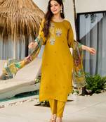 Mustard color roman silk fabric embroidered readymade kurta set with dupatta