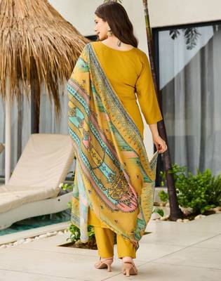 Mustard color roman silk embroidered readymade kurta set with dupatta 2