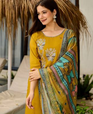 Mustard color roman silk embroidered readymade kurta set with dupatta 3