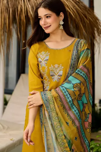 Mustard color roman silk embroidered readymade kurta set with dupatta