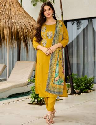 Mustard color roman silk embroidered readymade kurta set with dupatta 4