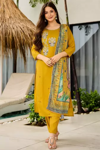 Mustard color roman silk embroidered readymade kurta set with dupatta