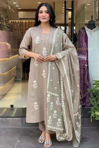 Cream color cotton fabric designer embroidered readymade kurta set with dupatta