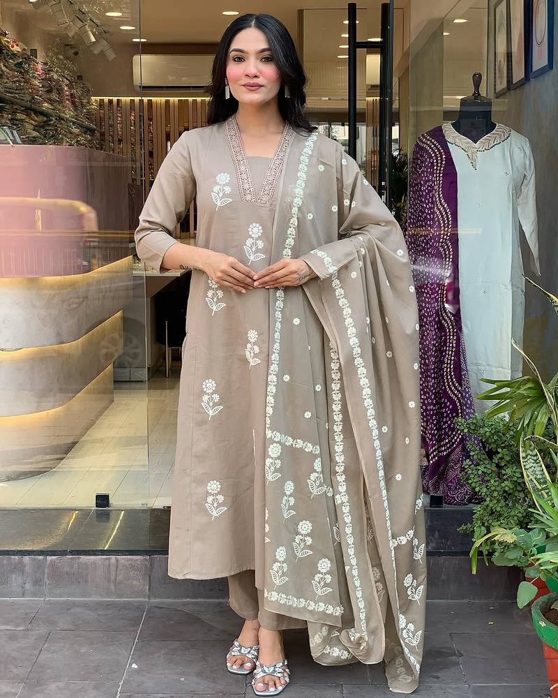 Cream color cotton fabric designer embroidered readymade kurta set with dupatta