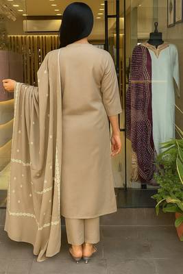 Cream color cotton embroidered readymade kurta set with dupatta 2