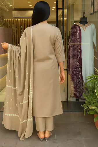 Cream color cotton embroidered readymade kurta set with dupatta
