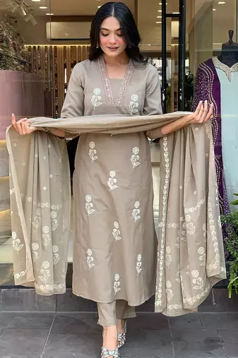 Cream color cotton embroidered readymade kurta set with dupatta