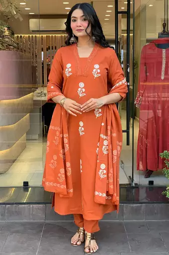 Orange color cotton fabric designer embroidered readymade kurta set with dupatta