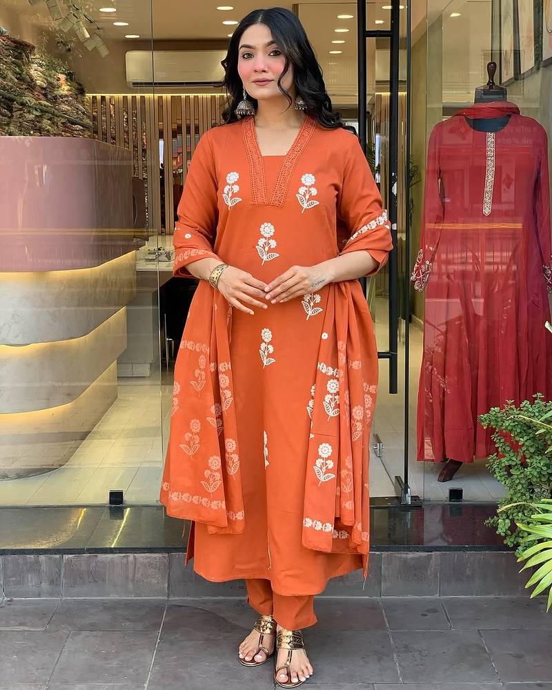 Orange color cotton fabric designer embroidered readymade kurta set with dupatta
