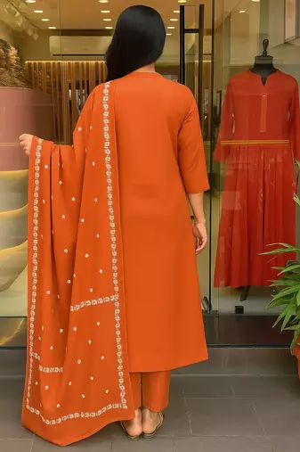 Orange color cotton embroidered readymade kurta set with dupatta