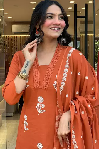 Orange color cotton embroidered readymade kurta set with dupatta