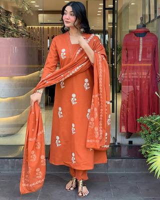 Orange color cotton embroidered readymade kurta set with dupatta 4