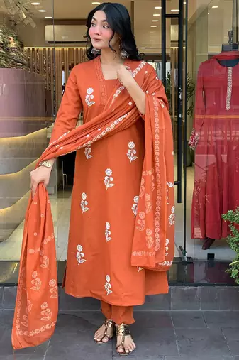 Orange color cotton embroidered readymade kurta set with dupatta