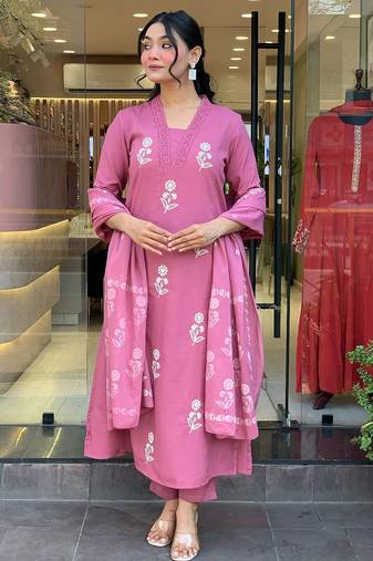 Peach color cotton fabric designer embroidered readymade kurta set with dupatta