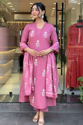 Peach color cotton fabric designer embroidered readymade kurta set with dupatta