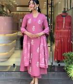 Peach color cotton fabric embroidered readymade kurta set with dupatta