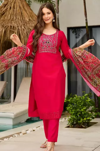 Pink color roman silk fabric designer embroidered readymade kurta set with dupatta