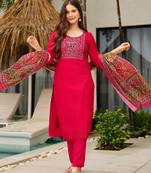 Pink color roman silk fabric embroidered readymade kurta set with dupatta