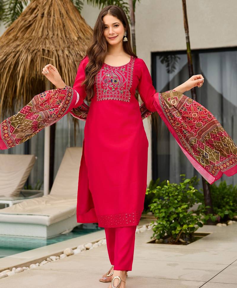 Pink color roman silk fabric designer embroidered readymade kurta set with dupatta