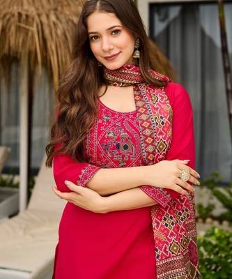 Pink color roman silk embroidered readymade kurta set with dupatta 3