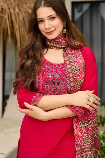 Pink color roman silk embroidered readymade kurta set with dupatta