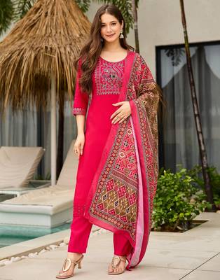 Pink color roman silk embroidered readymade kurta set with dupatta 4