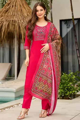 Pink color roman silk embroidered readymade kurta set with dupatta