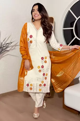 Off white color cotton silk fabric beautiful and ethnic readymade kurta set