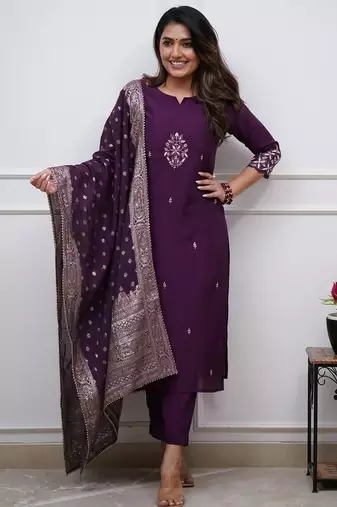 Voilet color pv chanderi fabric beautiful and ethnic readymade kurta set