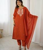 Orange color chanderi fabric beautiful and ethnic readymade kurta set