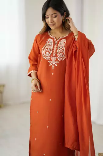 Orange color chanderi beautiful and readymade kurta set