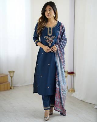 Teal blue color chanderi beautiful and readymade kurta set 1