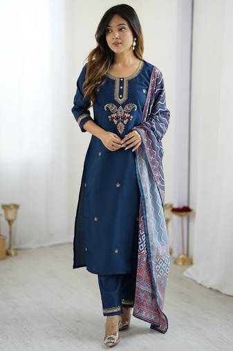Teal blue color chanderi fabric beautiful and ethnic readymade kurta set