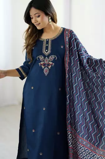 Teal blue color chanderi beautiful and readymade kurta set