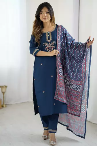 Teal blue color chanderi beautiful and readymade kurta set