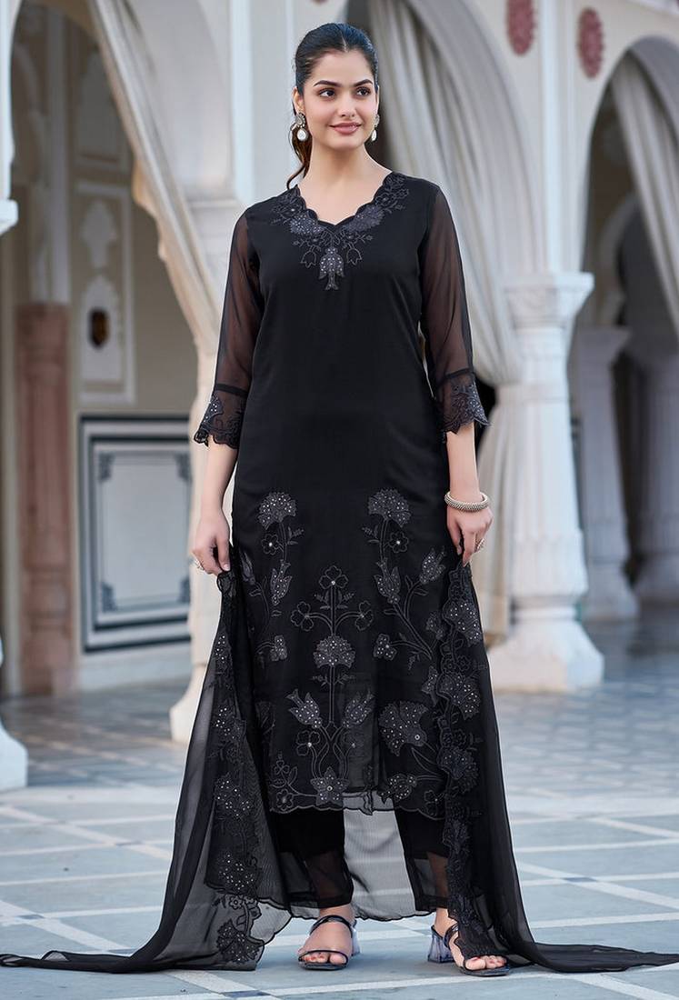 Black color faux georgette fabric beautiful and ethnic readymade kurta set