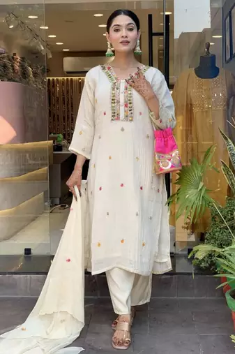 Off white color chinon fabric beautiful and ethnic readymade kurta set