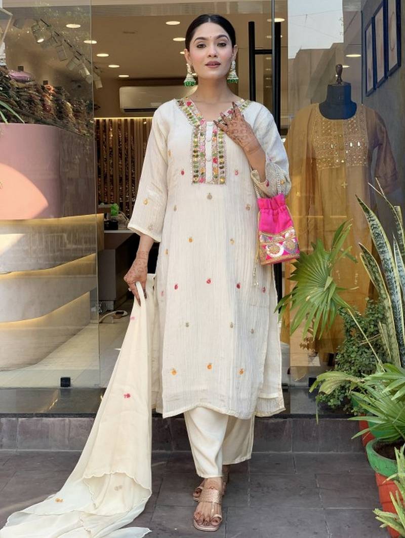 Off white color chinon fabric beautiful and ethnic readymade kurta set