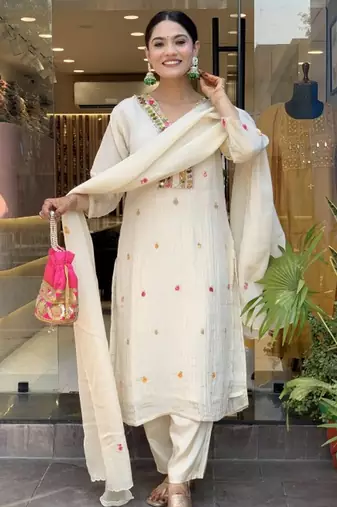 Off white color chinon beautiful and readymade kurta set