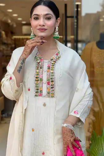Off white color chinon beautiful and readymade kurta set