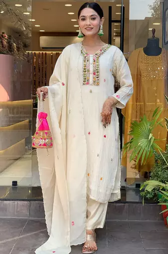 Off white color chinon beautiful and readymade kurta set