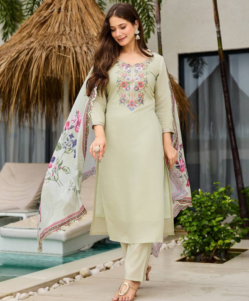Pista color roman silk fabric beautiful and ethnic readymade kurta set