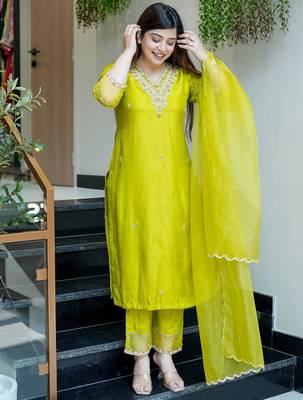 Yellow color viscosee chanderi beautiful and readymade kurta set 4