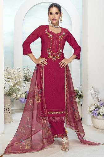 Pink color ethnic and beautiful viscose silk fabric designer embroidered suit